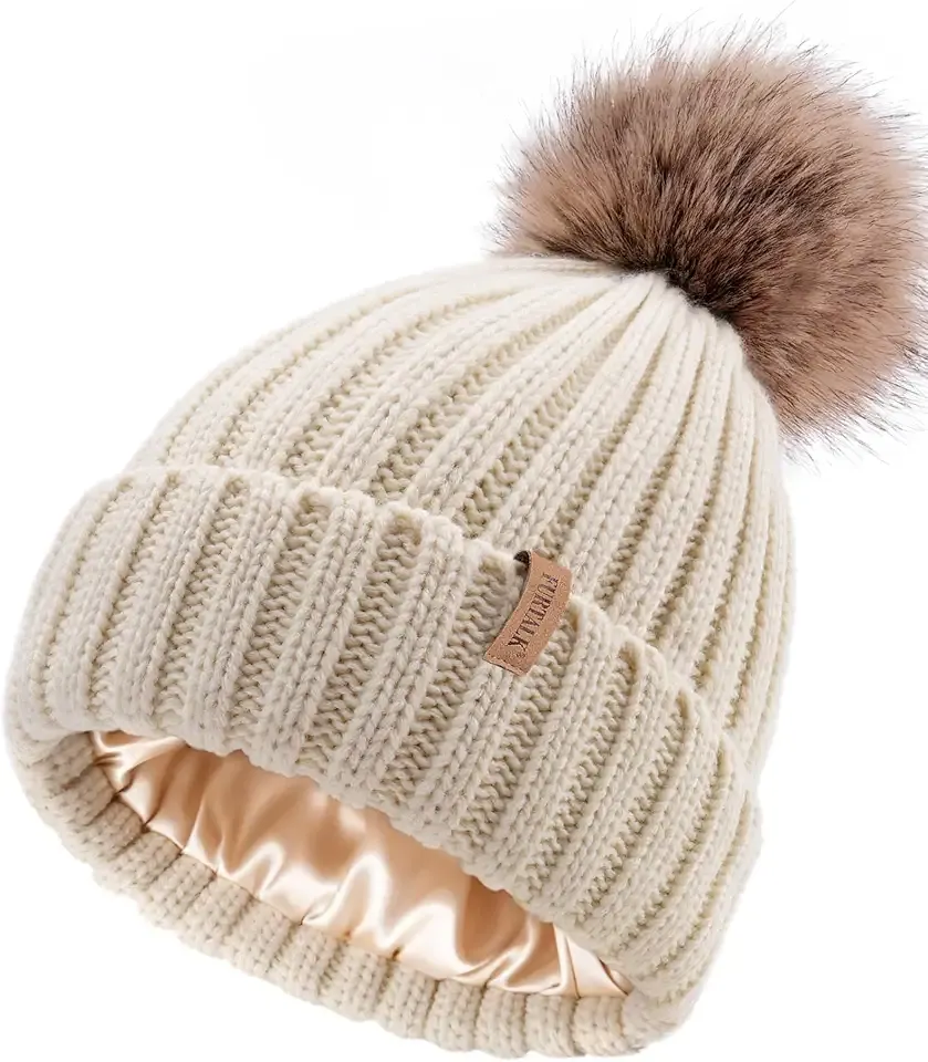 Womens Winter Beanie Hat Satin Lined Faux Fur Pom Pom Beanies Hat for Women Winter Warm Knit Hats