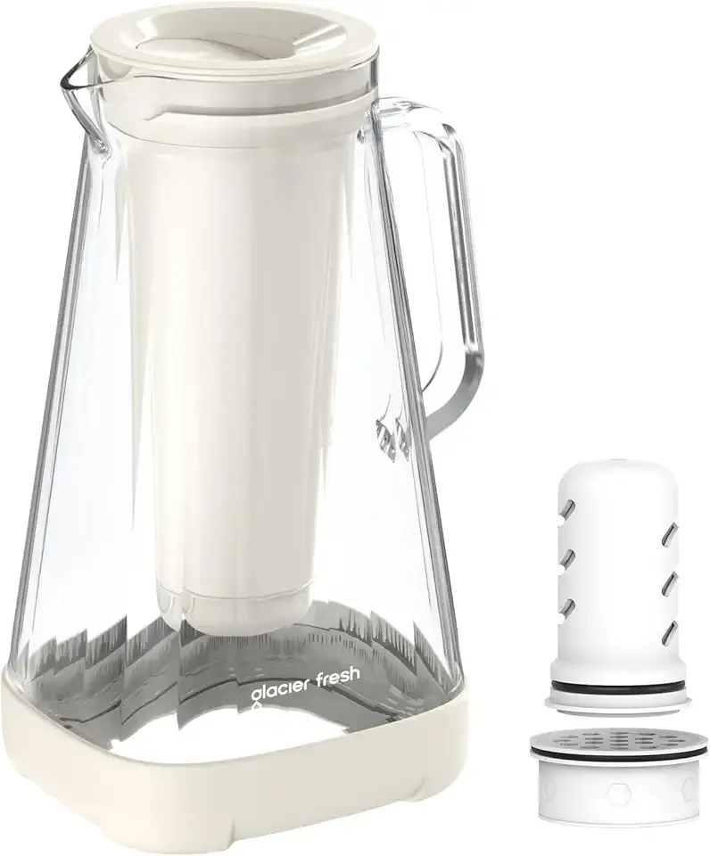GLACIER FRESH 10 Cup Purela Glass Water Pitcher with 1 Ultrafiltration Membrane and Activated Carbon Filter, Reduces 99% Chlorine, PFOA&PFOS, Coliforms, White