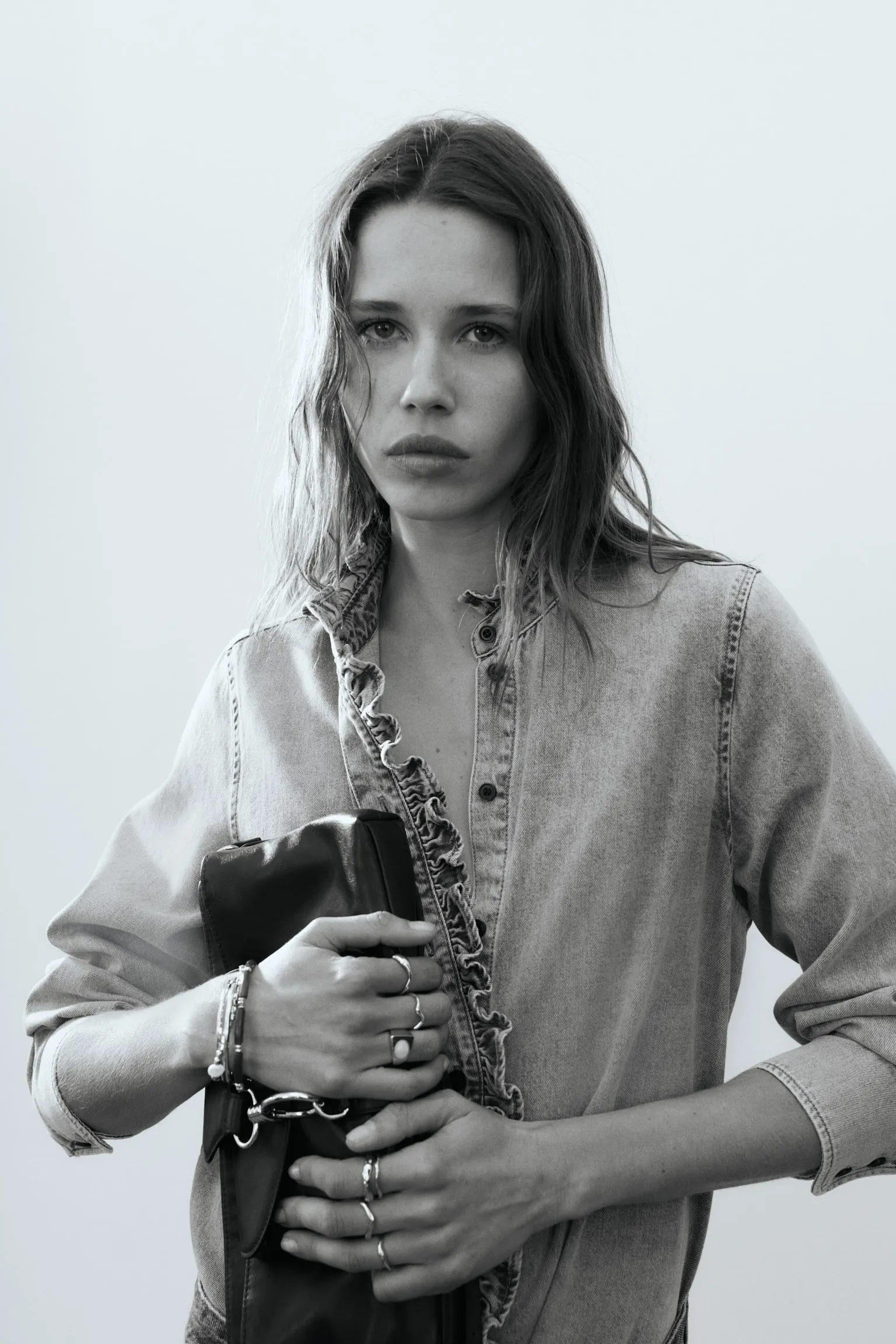 Frill-trimmed denim shirt