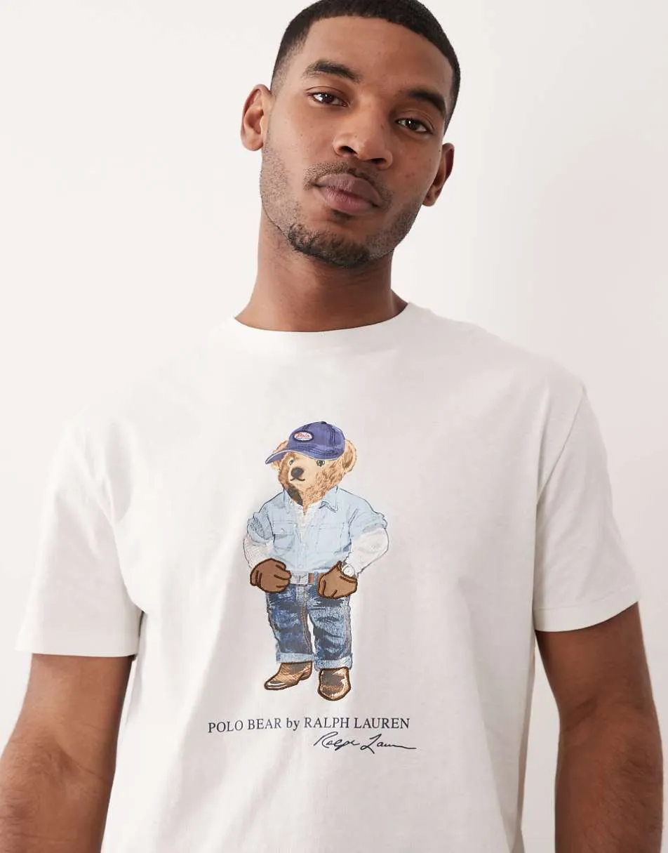 Polo Ralph Lauren chest print denim polo bear t-shirt in white