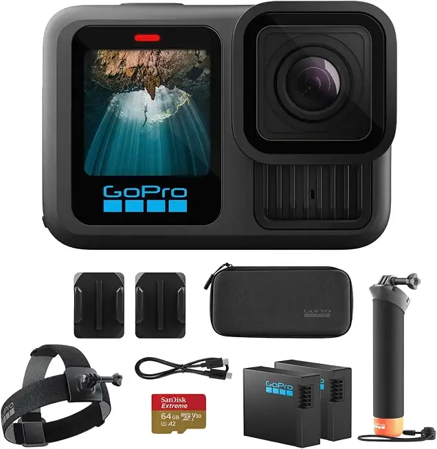 HERO13 Waterproof Action Camera (Black), 5.3K60 27MP, 2 Battery, Kit | GoPro bundle Includes Handler floating handgrip, 2 Enduro 1900mAh batteries, 64GB Extreme microSDXC card, Head Strap 2.0 Kit