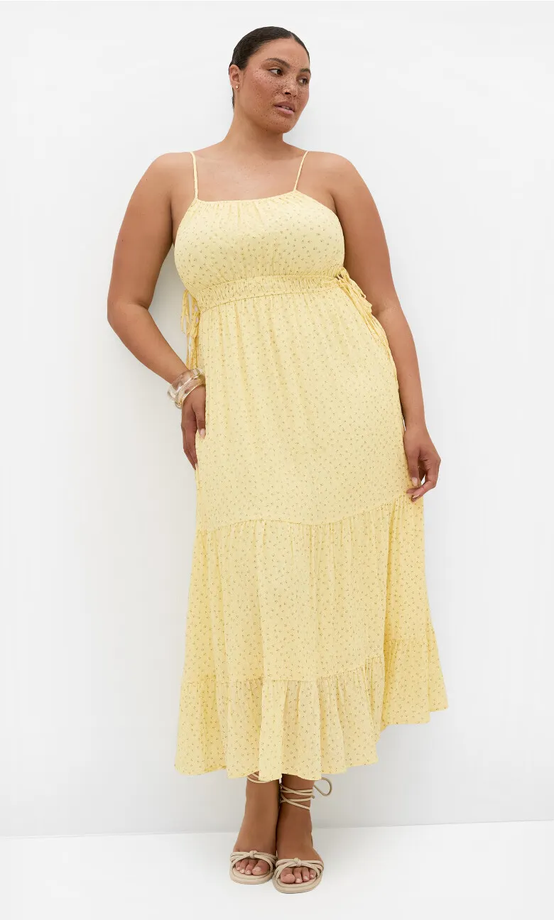 Ditsy Print Tiered Maxi Dress - lemon
