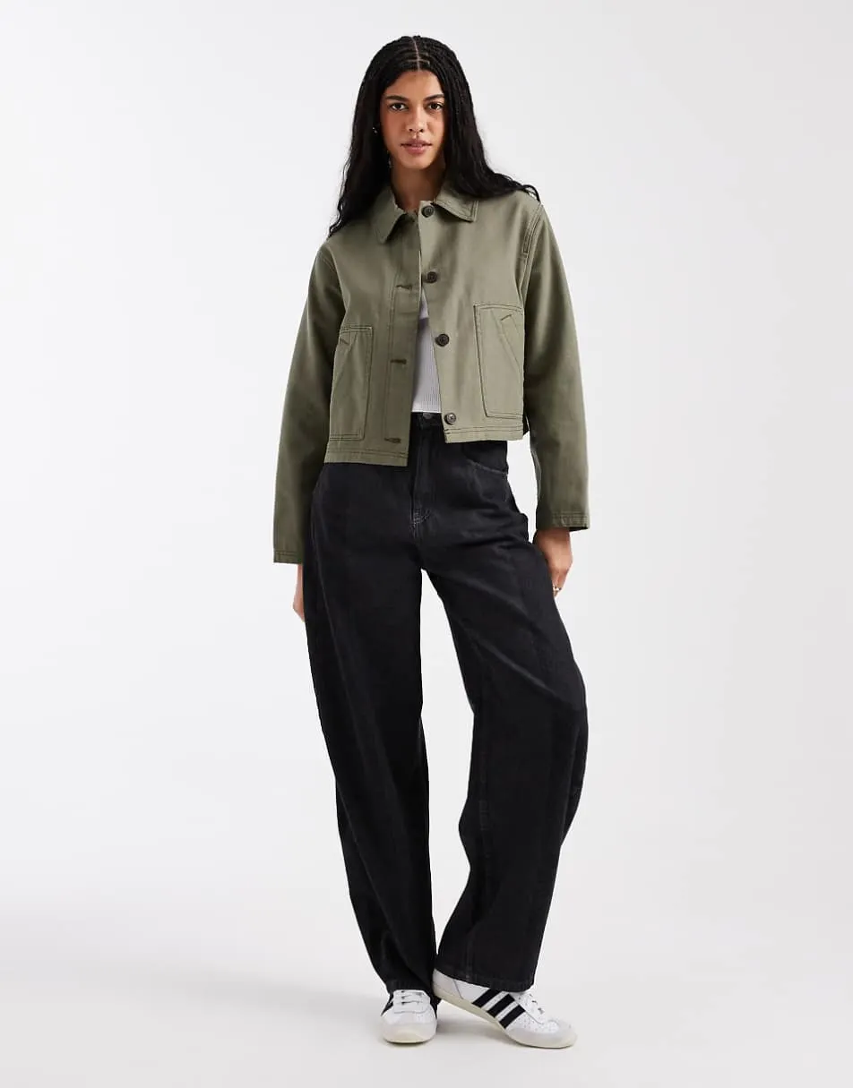 ASOS DESIGN short cotton harrington jacket in khaki