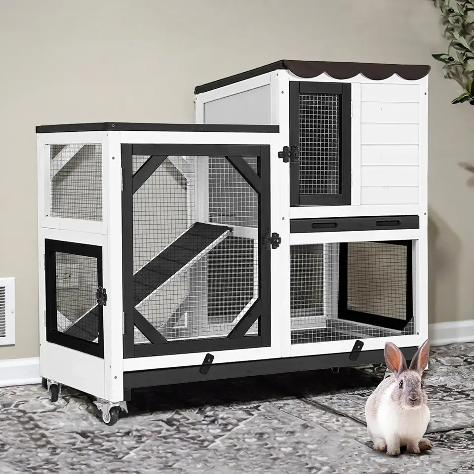 Gutinneen 2-Story Rabbit Hutch Bunny cage with Chew-Proof Ramp, Locking Leak-Proof Trays - Indoor/Outdoor 39.3" Wooden Rabbit Cage with Wheels for Rabbits, Guinea Pigs, Small Animal (Black and White)