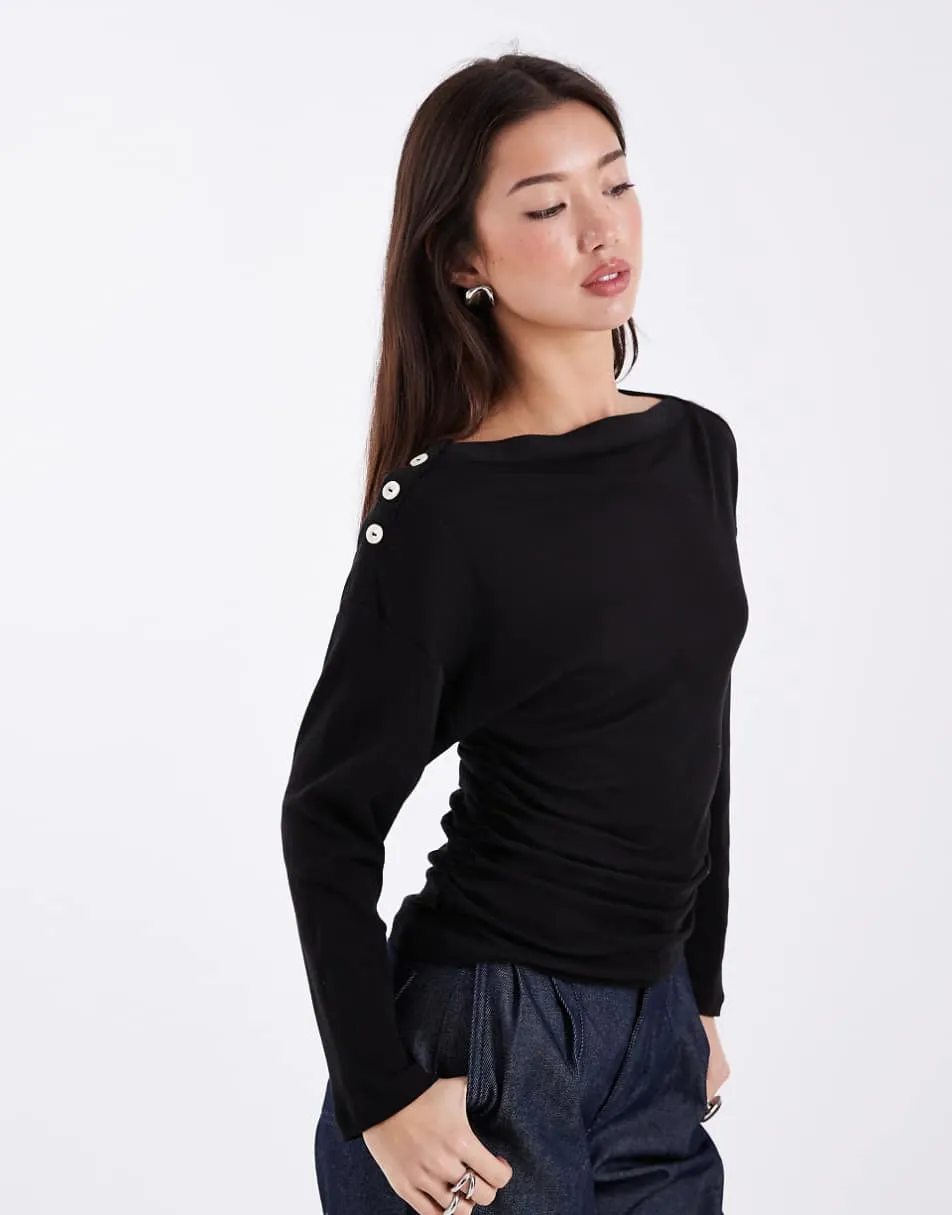 ASOS DESIGN button detail cinched long sleeve in black