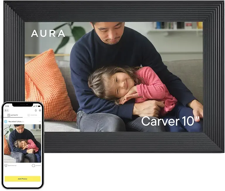 Aura Carver HD WiFi Digital Picture Frame, 10.1”, Add Photos with Aura App, Free Unlimited Storage - Wirecutter’s Pick for Best Digital Photo Frame 2022 - Gravel