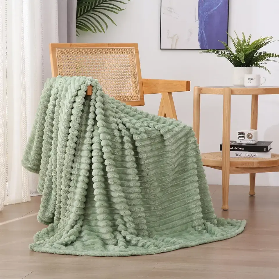 Sage Green Fleece Throw Blanket 50”×60” for Couch Sofa Bed,Super Soft Cozy Plush Microfiber Flannel Blanket with Stripes Design Lightweight for Adults,Woman,Girls