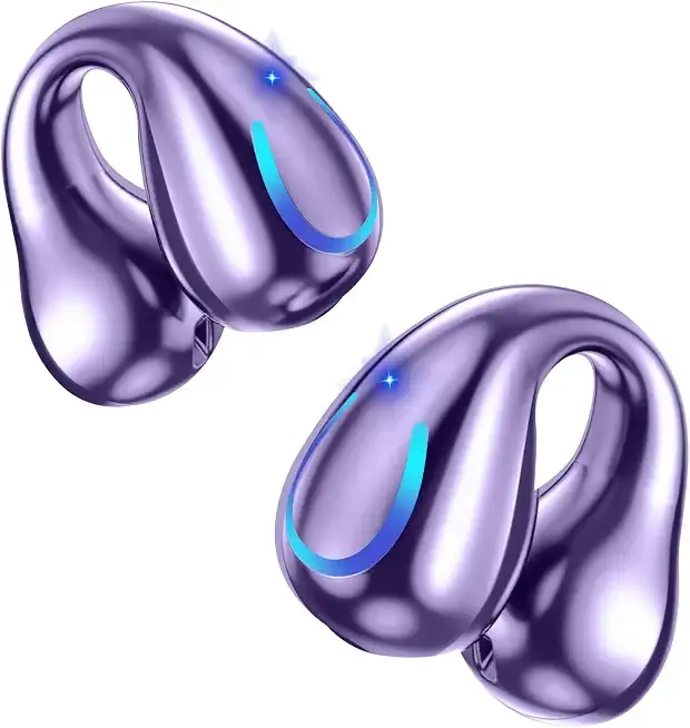 Ultra Open Ear Headphones Bluetooth 5.3 Wireless Bone Conduction Clip On Earbuds with Digital Display Charging Case 60 Hours Playtime Sport Earphones IPX7 Waterproof for Running Fitness Purple