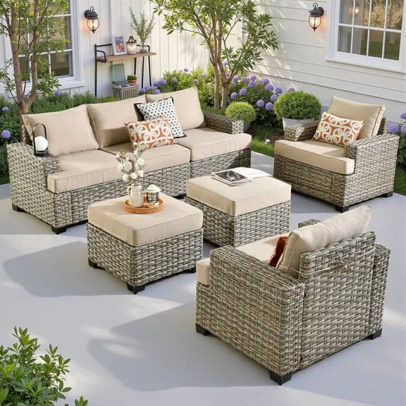 Ovios 7 Pieces Outdoor Patio Furniture Set All-Weather Rattan Wicker Sectional Sofa and Chairs with Ottomans, Beige