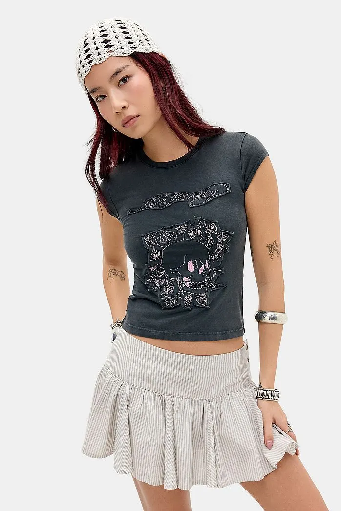 T-Shirt Ed Hardy con Applicazione Teschio Floreale