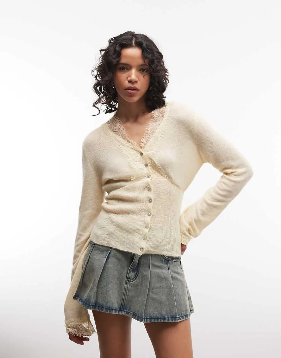 Reclaimed Vintage lace trim cardigan in butter yellow
