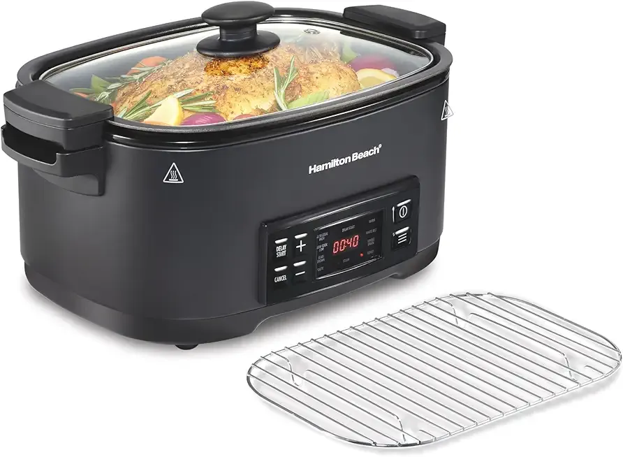 Hamilton Beach 6 Quart 9-in-1 Programmable Slow Cooker with Sear, Browning, Rice, Steam, Sauté, Roast Delay Start & Keep Warm Functions, Nonstick PFAS-Free Dishwasher Safe Crock, Black (33604)