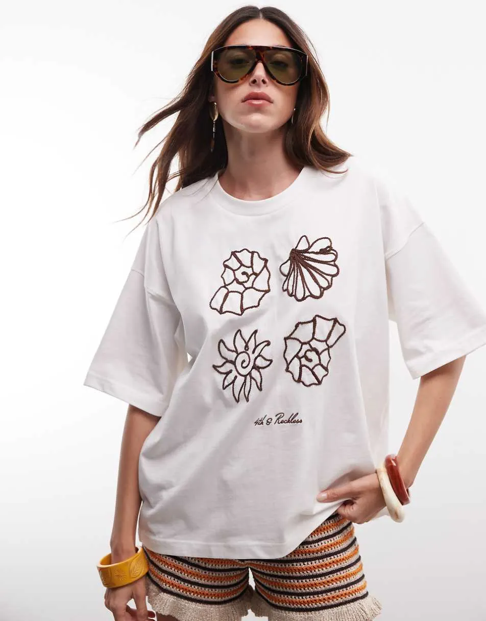 4th & Reckless cotton rich embroidered shell graphic t-shirt in off white