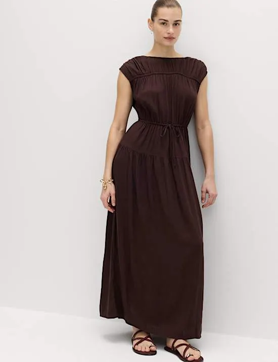 Ruched Maxi Waisted Dress with Linen
