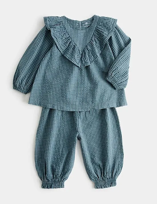 2-teiliges Set aus Oberteil und Hose aus reiner Baumwolle mit Gingham-Muster und Rüschen (0–5 Jahre)