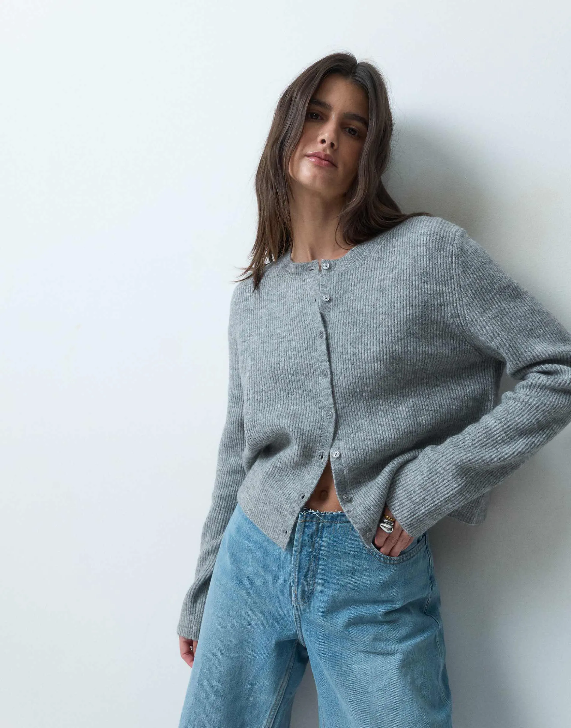 ASOS DESIGN knitted rib basic cardigan in grey