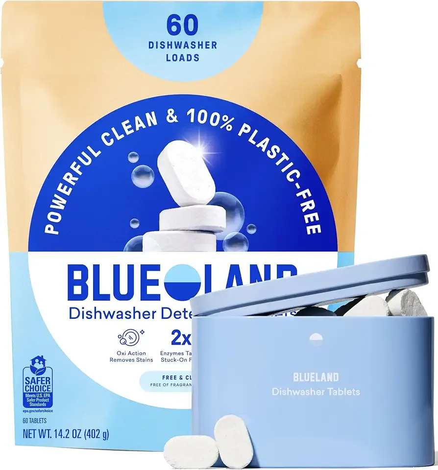 BLUELAND 100% Plastic-Free Dishwasher Detergent Tablets, Starter Set, 60 Count with tin, Free & Clear, Eco-Friendly Dishwashing Pods, Natural, USDA Certified biobased