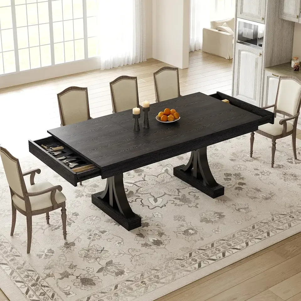 GarveeHome Dining Table for 6-8 with 2 Drawers,71-Inch Industrial Dining Table with Large Tabletop & Sturdy Frame, Rectangular Wooden Kitchen Table with Double Pedestal, for Dinner, Rustic Black