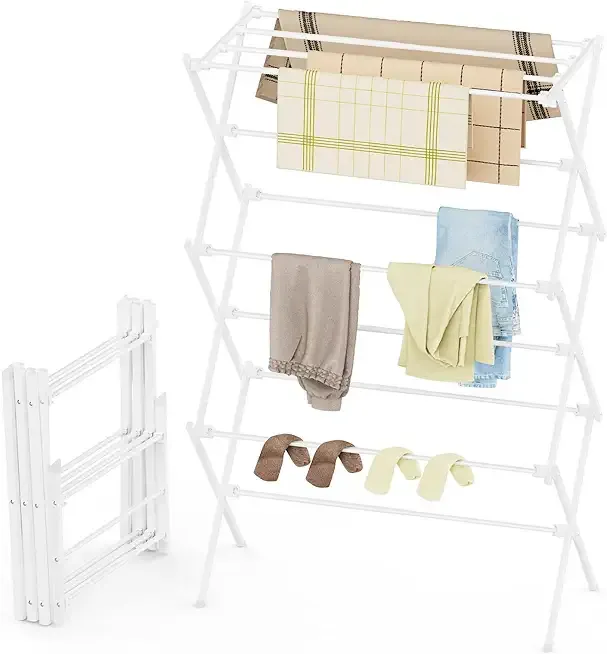 Drying Rack Clothing, 3-Tier Clothes Drying Rack Foldable, Antirust Laundry Drying Rack Collapsible Use for Indoor & Outdoor, 11.8" D x 34.6" W x 35.4" H, White