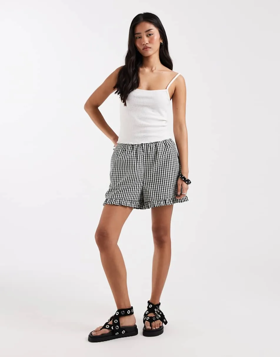 New Look frill gingham shorts in black