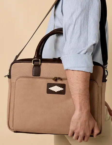 Mensajero Briefcase Sand Canvas With Brown Leather
