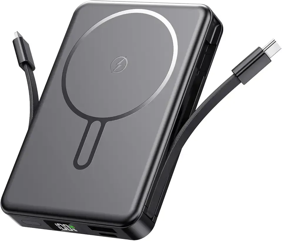 Magnetic Portable Charger, Power Bank Fast Charging 22.5W 10000mAh, Portable Charger with Built in Cable, for Magsafe Battery Pack Compatible with iPhone 17/16/15/14/13/12 Pro/Pro Max, Samsung Black