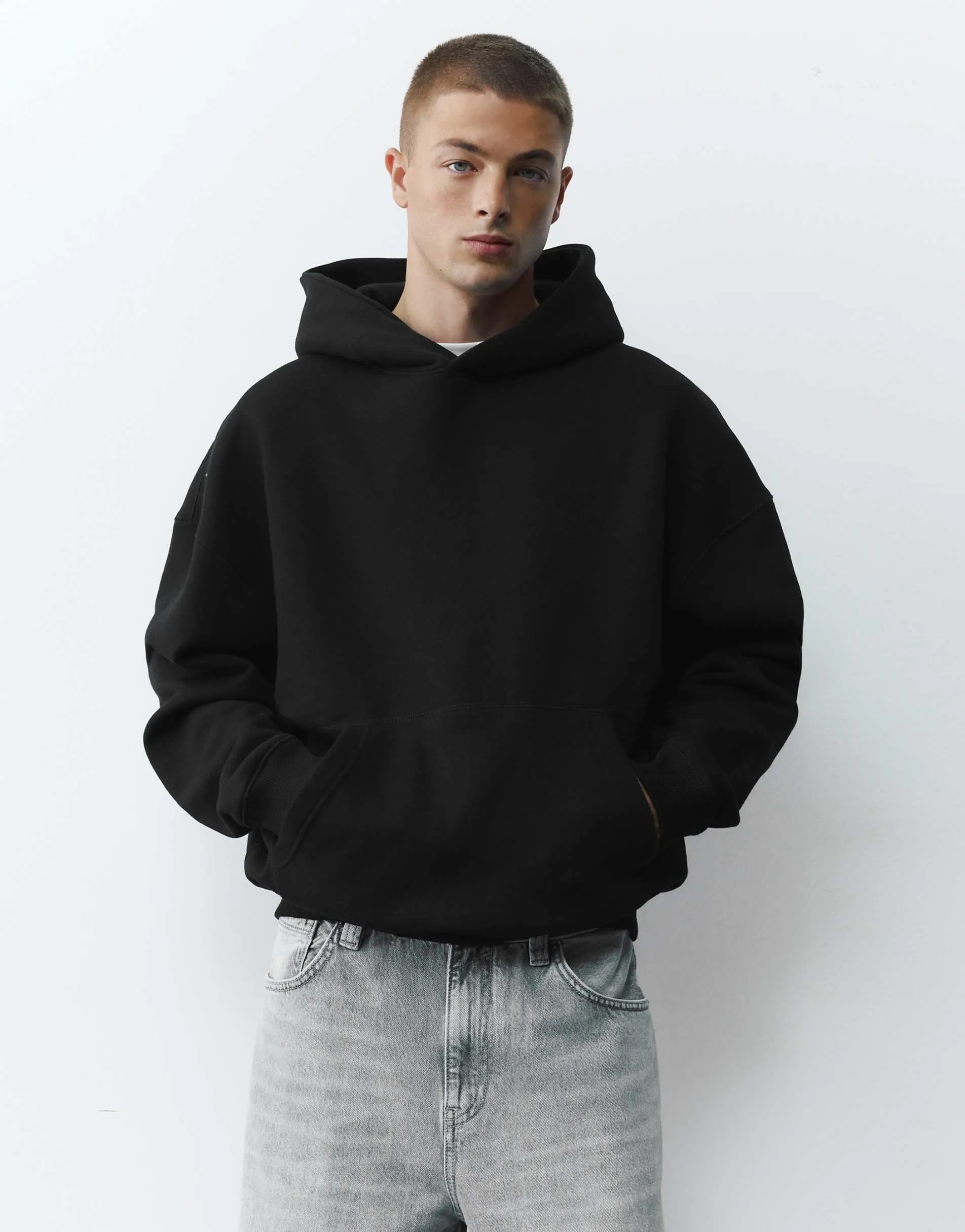 Pull&Bear Boxy fit hoodie in black