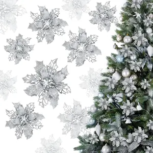 21 flores de Navidad, decoraciones para el árbol de Navidad, flores artificiales con purpurina plateada, adornos de flores de -16 cm