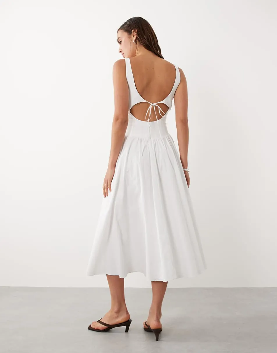 Mango starring Hailey Bieber cotton mix scoop neck drop waist maxi dress in white