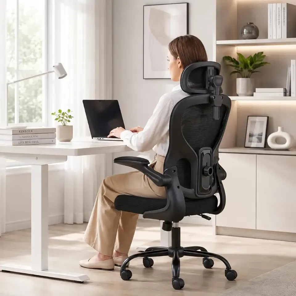 Ergonomic Office Chair with Adjustable Headrest & Lumbar Support, High Back Mesh Desk Chair, 330 LBS Capacity Swivel Computer Chair with Flip-Up Arms, Home Office Gaming Chair(Black)