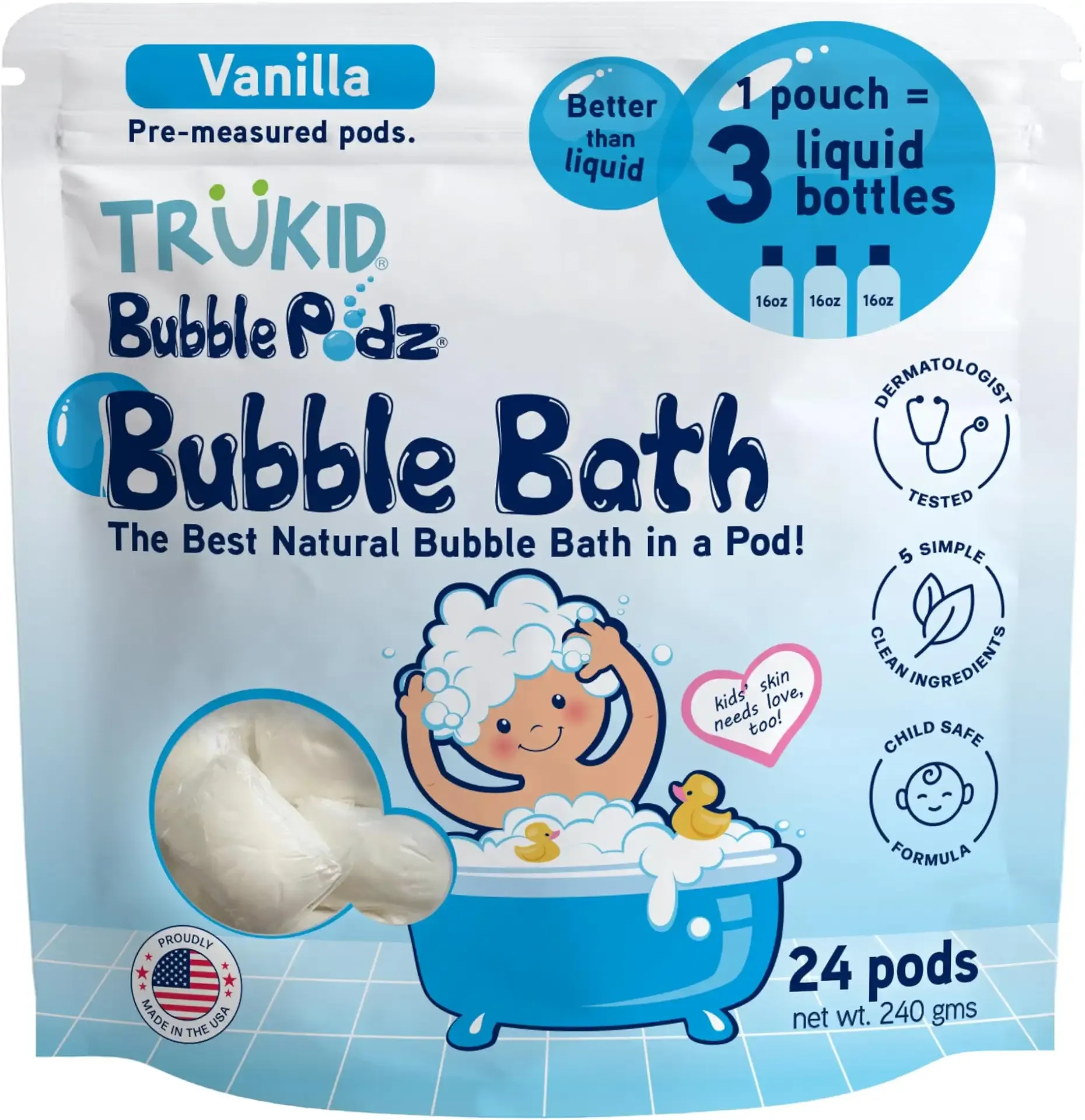 TruKid Bubble Podz Bubble Bath for Kids, Toddlers, & Babies, Tear Free Gentle & Refreshing Bath Bomb for Sensitive Skin with Natural Moisturizers, Non-Toxic, pH Balanced, Vanilla Scent (24 Podz)