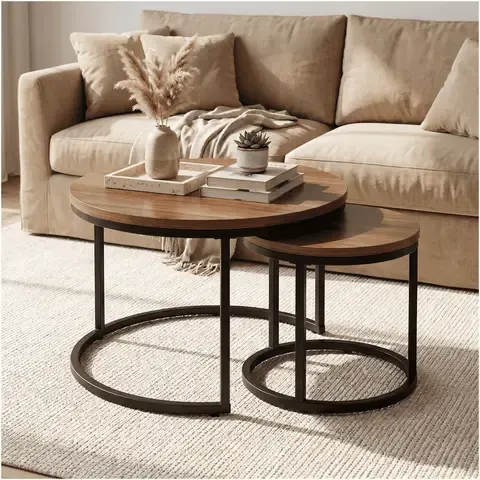 Juego Mesa De Centro Lateral Living Redonda Doble Madera