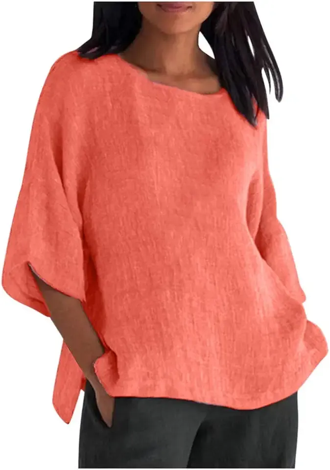 Womens Cotton Linen Summer Tops 3/4 Length Sleeve Tunic Blouses Gauze Boho Shirts Trendy Loose Fit Clothing 2024
