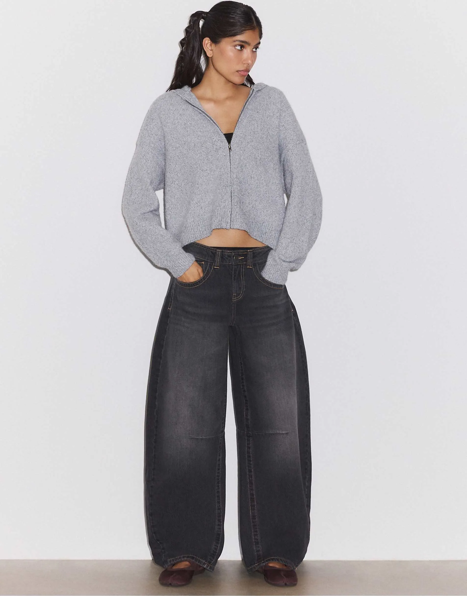Stradivarius Zipped hooded knit cardigan in grey melange