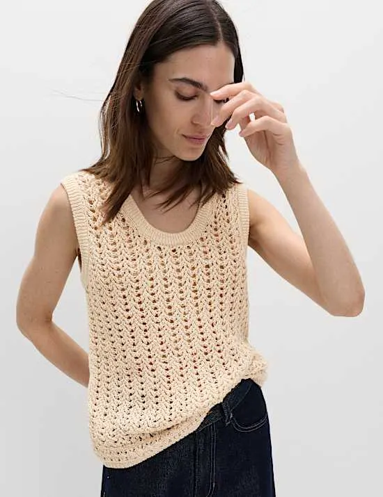 Cotton Rich Crochet-Style Scoop Neck Knitted Vest
