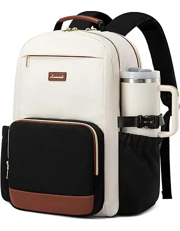 LOVEVOOK Laptop Backpack for Women with Pouch Pocket for Large Capacity Cup,15.6 Inch Laptop Computer Bag Travel Backpack Purse,Waterproof Work Business Backpack College Teacher Bags,Beige-Black-Brown