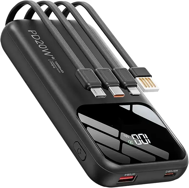 Ffnpua Fast Charging Portable Charger 10000mAh with Built-in 4 Cables