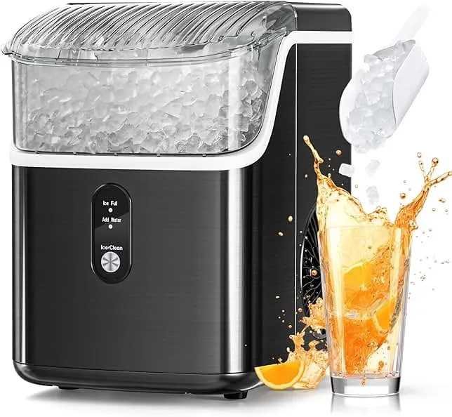 Antarctic Star Nugget Ice Makers Countertop, Pebble Ice Machine with Chewable Pellet Ice, 34Lbs/24H, Self-Cleaning, Sonic Ice, One-Click Operation, for Kitchen,Office Stainless Steel Black