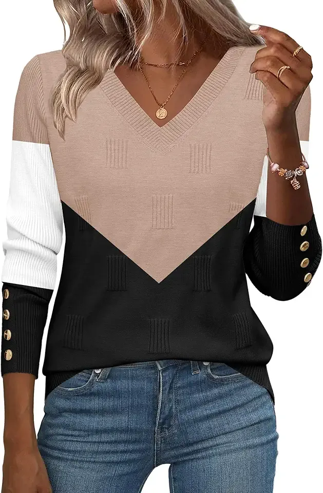 Womens V Neck Sweaters Shirts Long Sleeve Lightweight Ribbed Knit Pullover Sweater Blouse Tops with Buttons Oufits