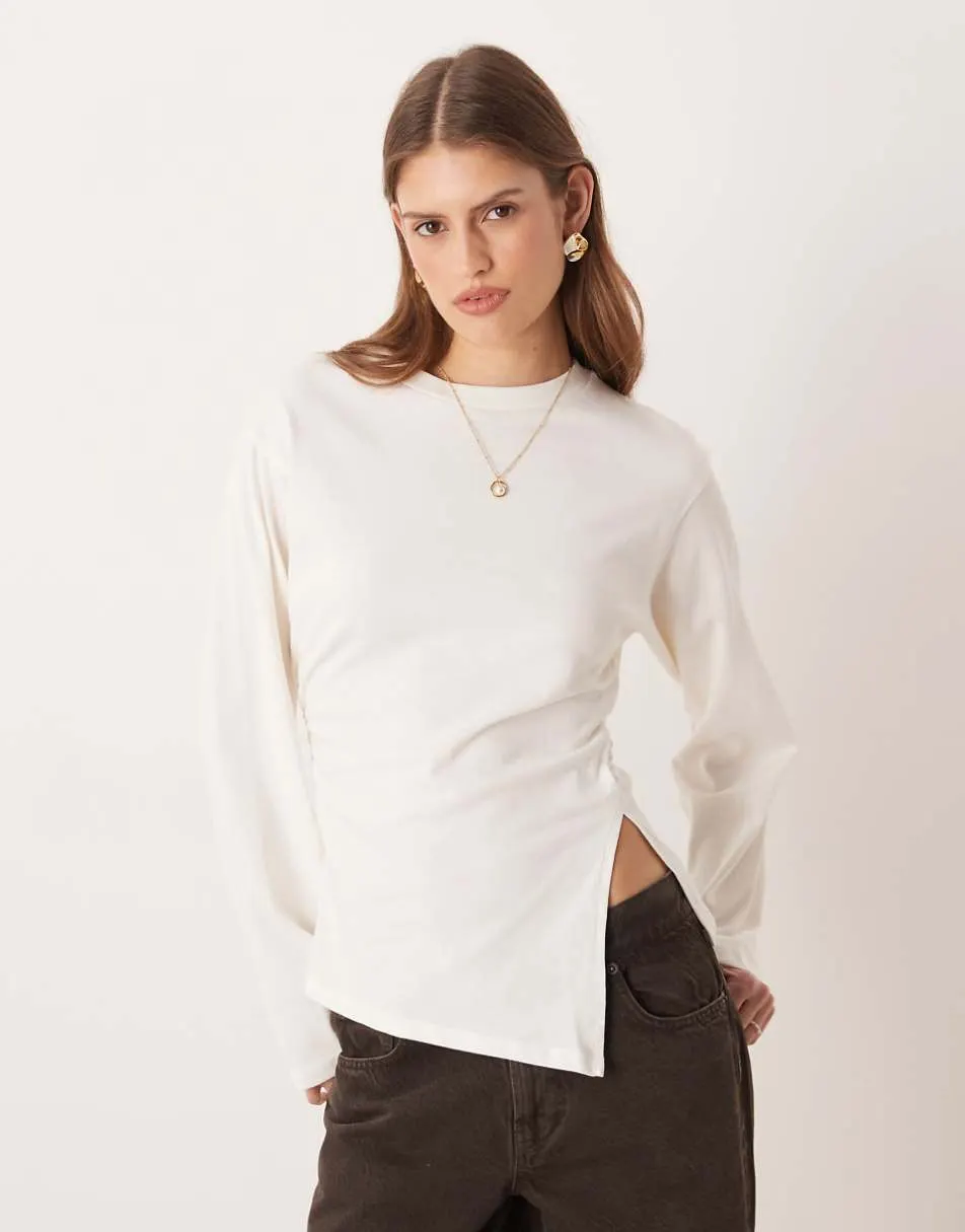 ASOS DESIGN waisted side spilt hem long sleeve tee in cream
