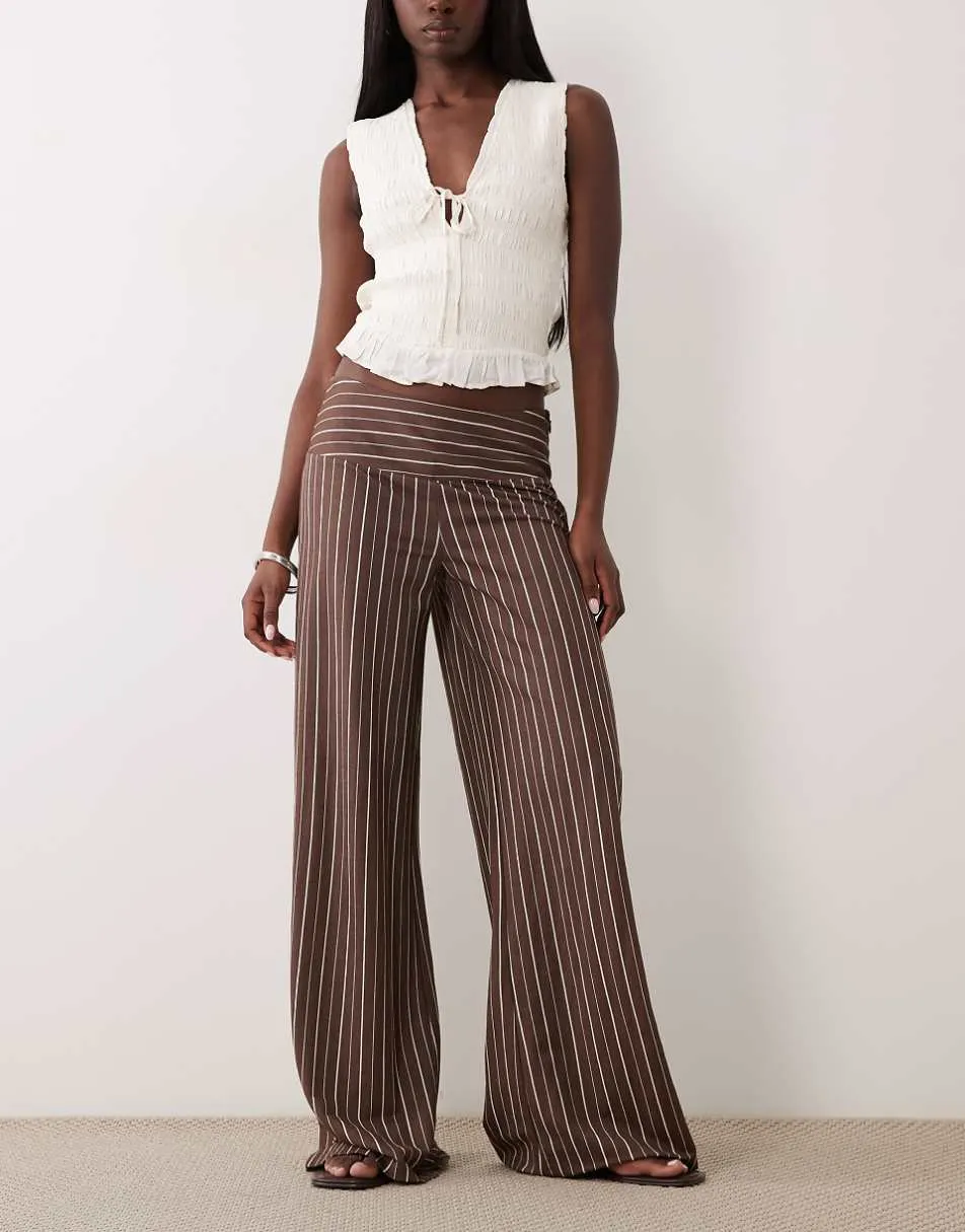 Gina Tricot wide leg jersey trousers in brown stripe