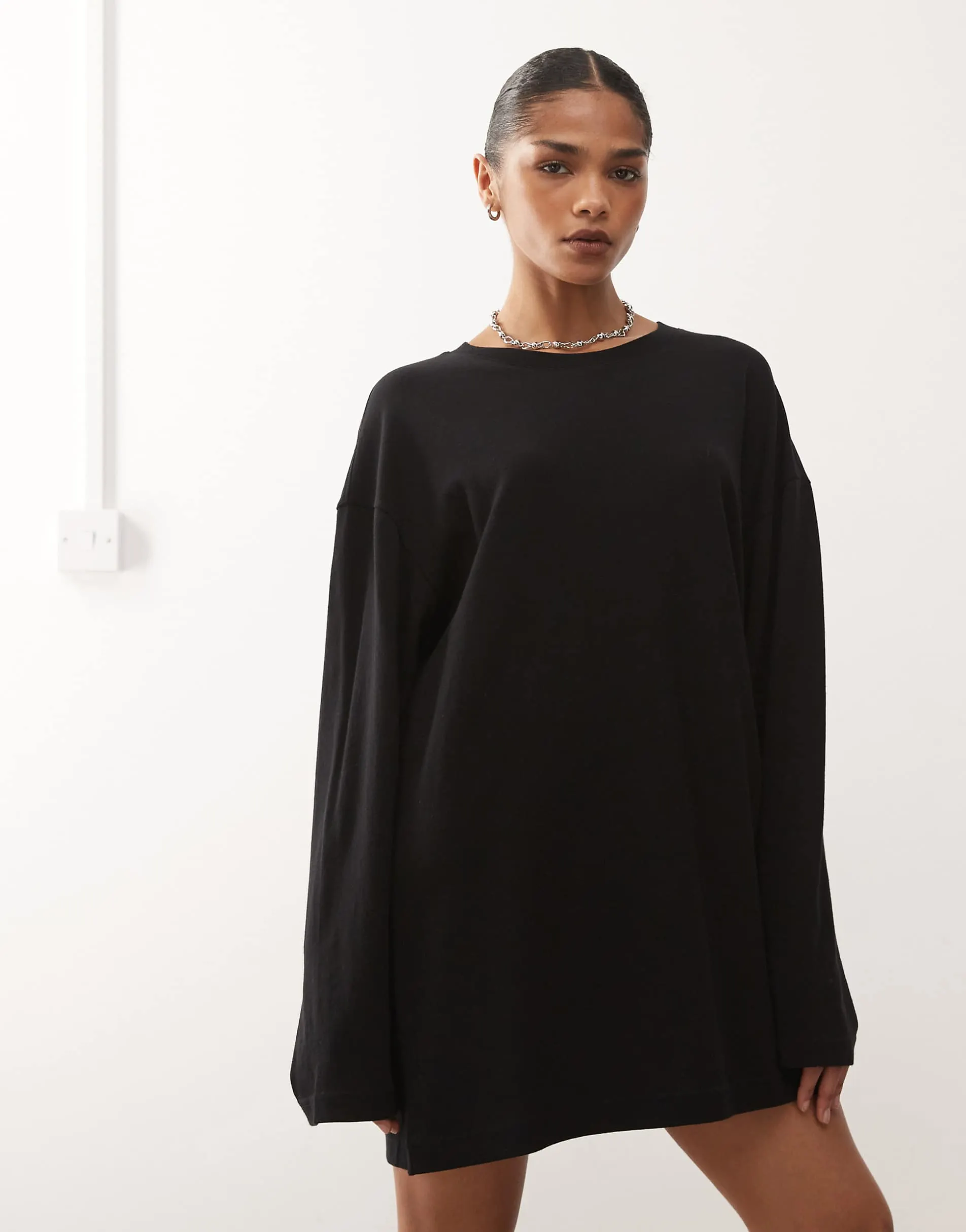 Weekday oversized long sleeve t-shirt dress in black