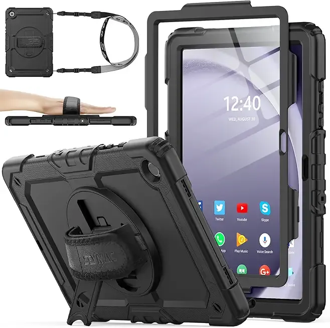 SEYMAC stock Case for Samsung Galaxy Tab A9+ Plus 11'', Full-Body Drop Protection Case with Screen Protector Pencil Holder [360° Rotating Hand Strap] &Stand, Black