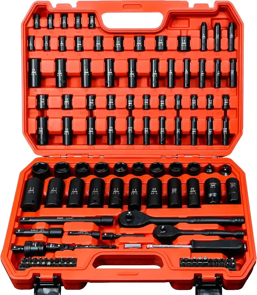AMM 123Pcs Impact socket set，1/4”3/8”Drive Deep&Shallow Socket wrench set，6 Point Metric&Standard Full 5/32"-3/4"，4-22mm with Spark plug sockets，72T Ratchet handle，Screwdrivers，for Automotive&Home