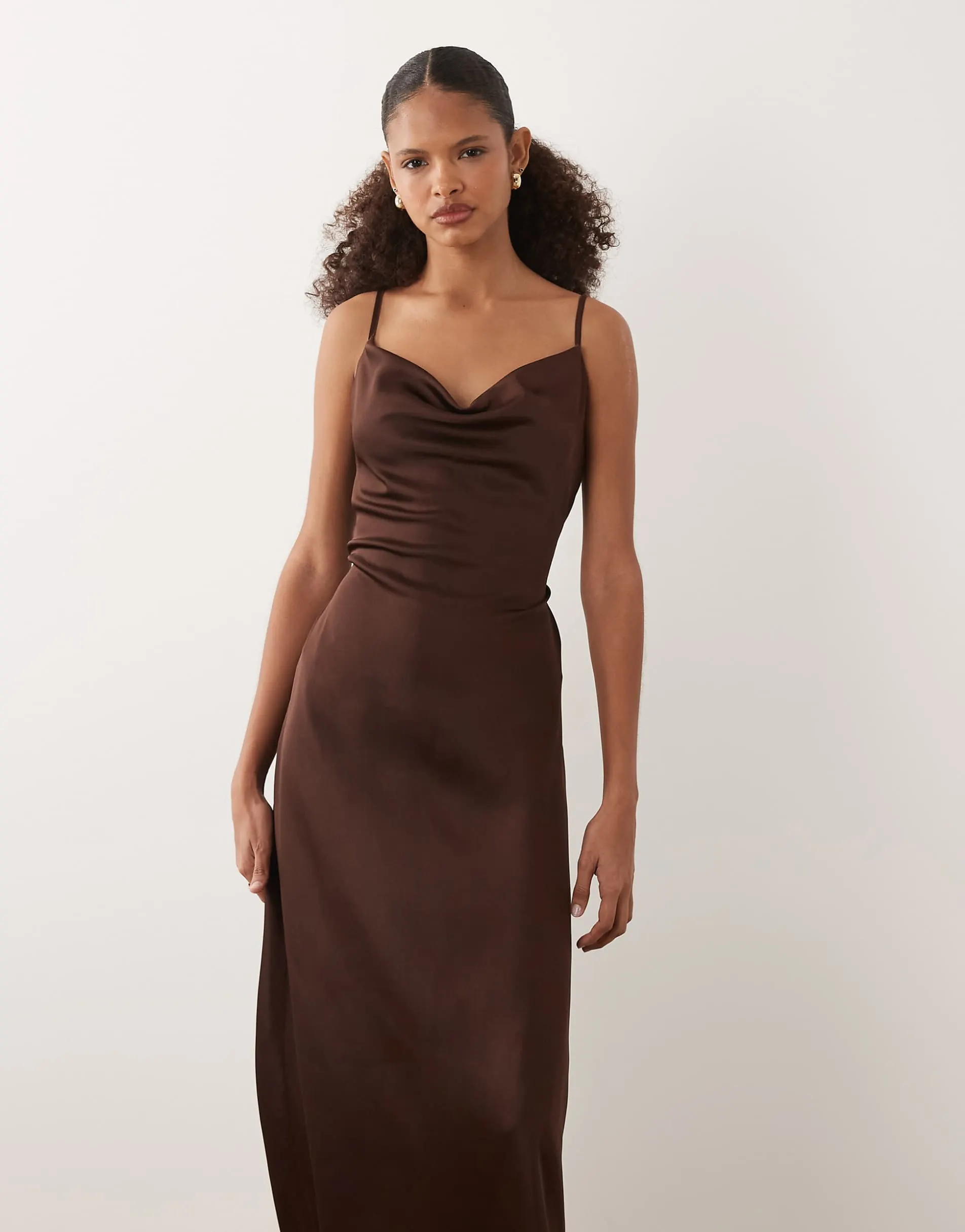 New Look satin cowl neck midi dress in brown