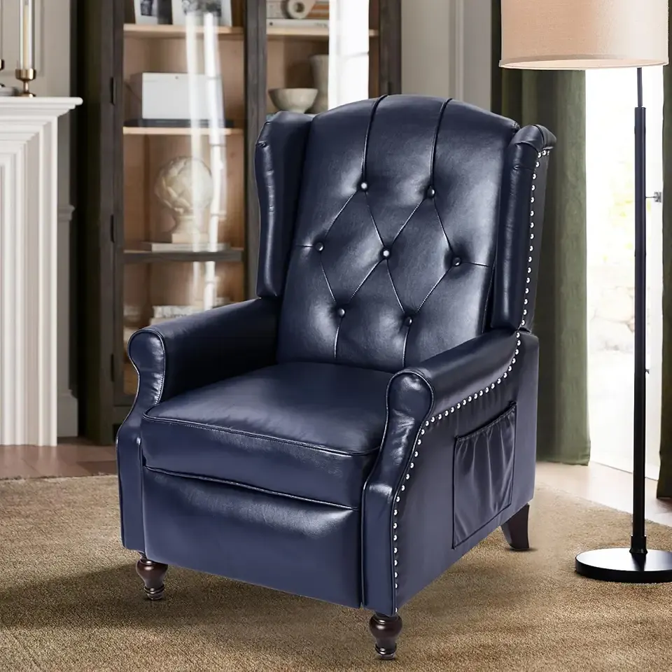 Wingback Recliner Chair with Massage and Heat PU Leather Push Back Arm Chair, Recliner Chair for Living Room Bedroom Home Theater (1,Navy Blue)