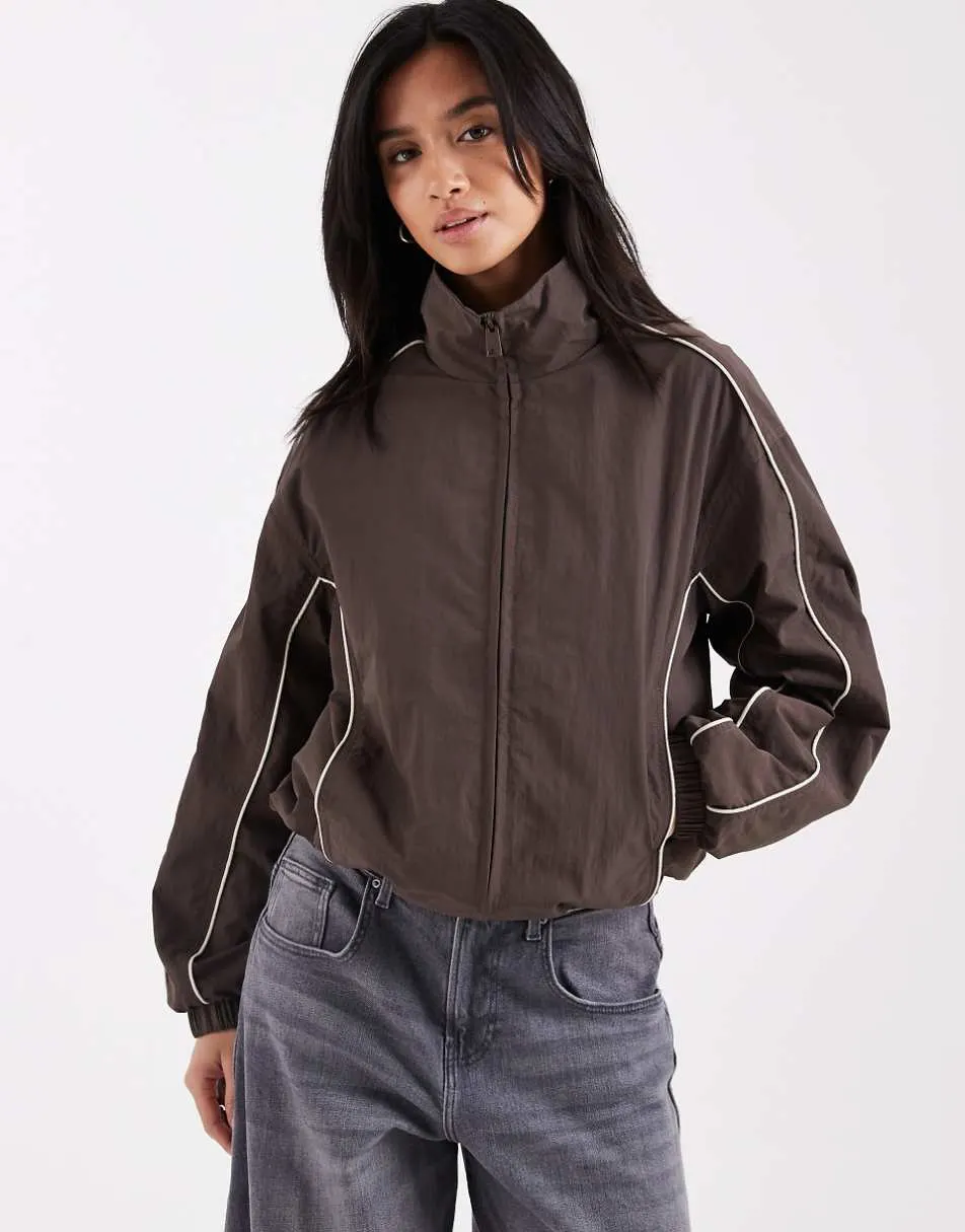 ASOS DESIGN Petite oversized track jacket in brown with cream piping