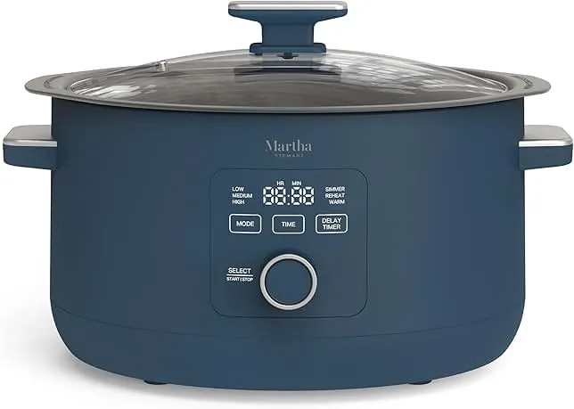 Martha Stewart 8 QT Slow Cooker, Programmable with Timer, 3 Heat Settings (Low, High, Warm), Nonstick Ceramic Removable Crock, Stovetop & Oven Safe, Glass Lid, Simmer, Reheat, Warm, Indigo
