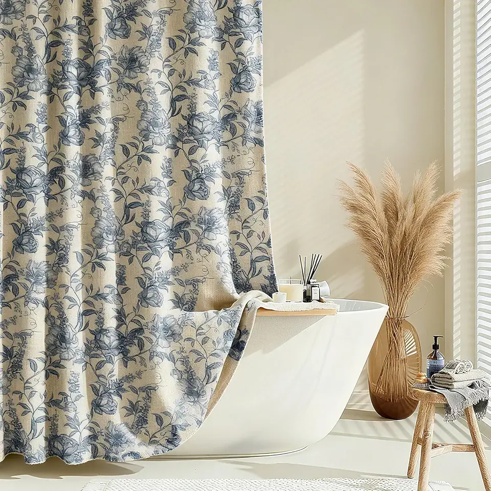Farmhouse Blue Floral Shower Curtain with 12 Clear Rings, Fabric Faux Linen Shower Curtain Set, Vintage Cottagecore Shower Curtain for Bathroom 72" W x 72" L