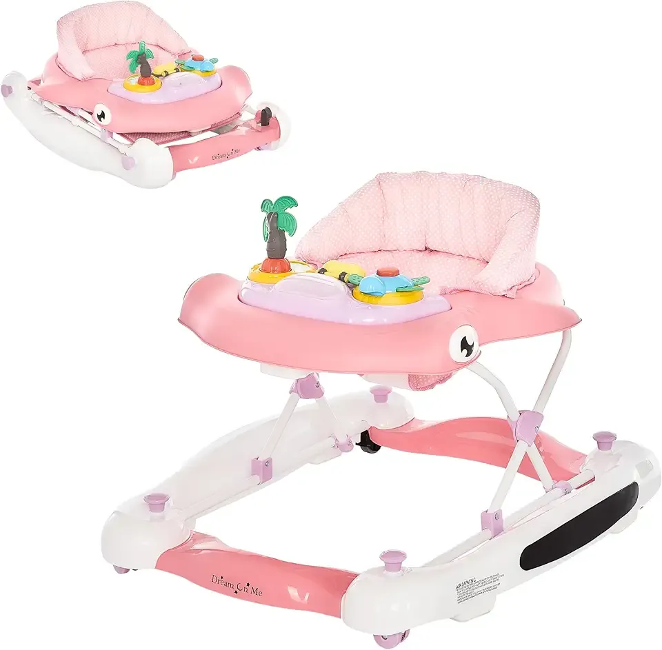 Dream On Me Aloha Baby Walker, 2-in-1 Foldable Infant Activity Walker with Adjustable Height, Musical Toy Tray, Padded Seat & Removable Foot Mat, Compact Folding Design for Babies 6–36 Months - Pink